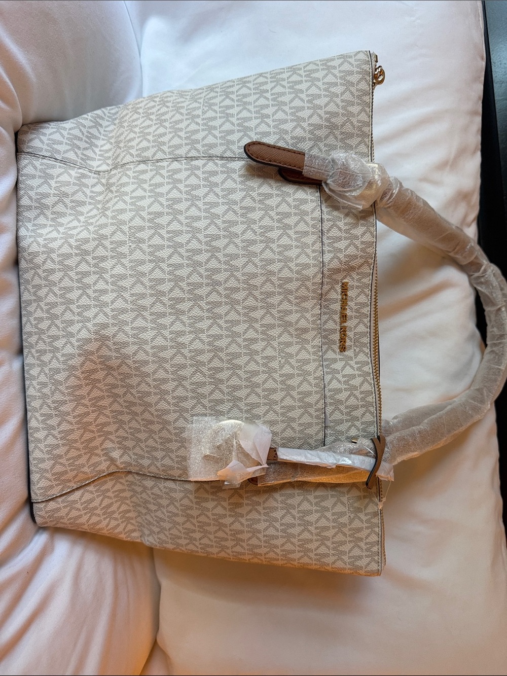 Michael Kors Cream Logo Tote with Tan Trim